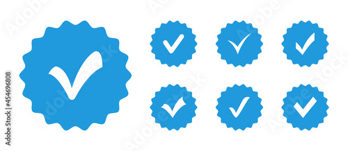 Set of check mark badges. Profile verification icon. Approved icon. Badges of approval, quality, accept and verified. Vector illustration.