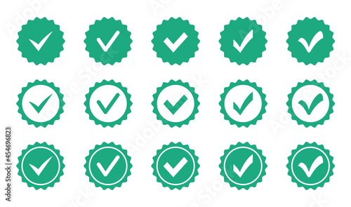 Set of check mark badges. Profile verification icon. Approved icon. Badges of approval, quality, accept and verified. Vector illustration.