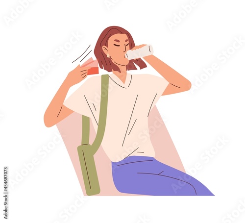 Thirsty dehydrated person drink water from bottle, quenching thirst and cooling in heat. Woman enjoying aqua in hot weather. Dehydration concept. Flat vector illustration isolated on white background