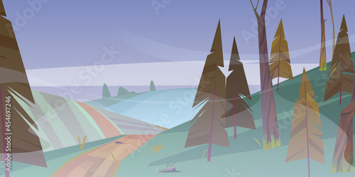 Dirt road at foggy forest, dull weather cartoon nature landscape with road going along field and conifer trees under grey gloomy sky, scenery wood background, early summer morning, vector illustration