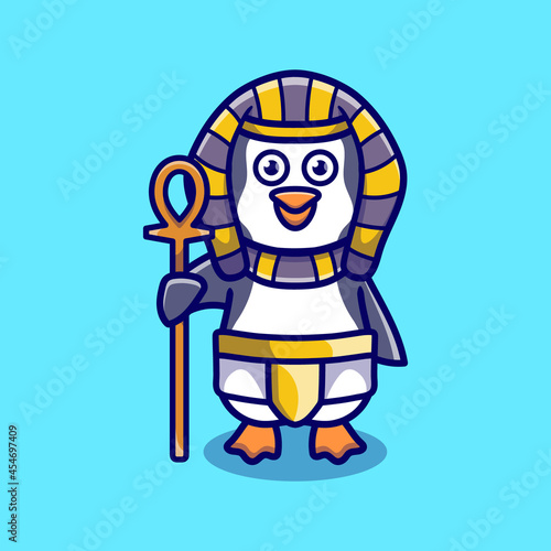 cute penguin pharaoh carrying a stick