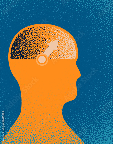 An illustration of the silhouette of a person with a compass needle in their head depicting morals and conscience. Vector illustration.