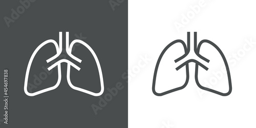 Sistema respiratorio. Icono con silueta de pulmones con lineas en fondo gris y fondo blanco