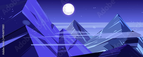 Night mountains peaks twilight landscape, scenery view with high rocks and full moon with stars glowing over rocky tops. Beautiful nature background, hills at nighttime, Cartoon vector illustration