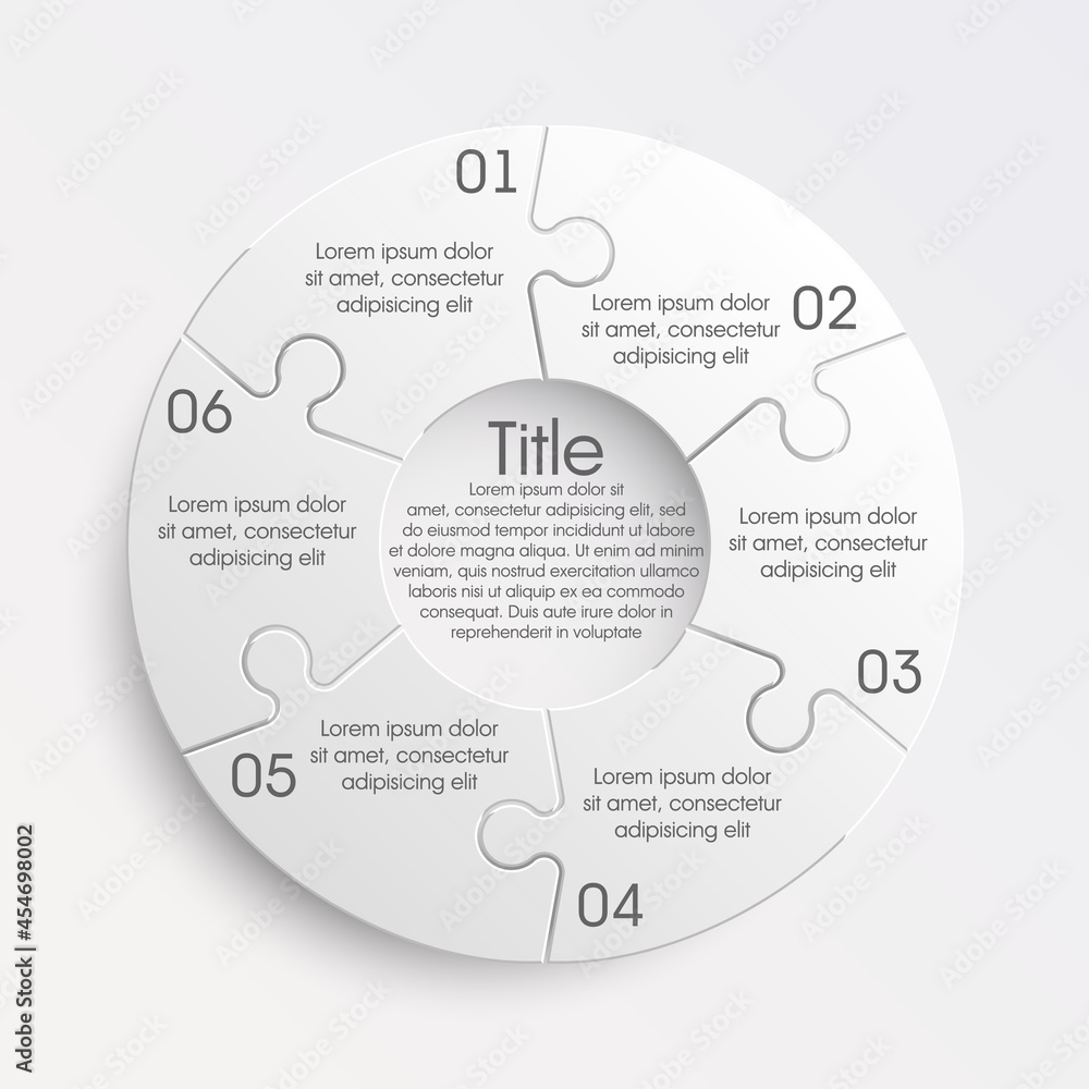 Puzzle six piece business round presentation. Circle puzzles infograph. Section compare banner background. 6 puzzle step round process diagram. business infographic banner