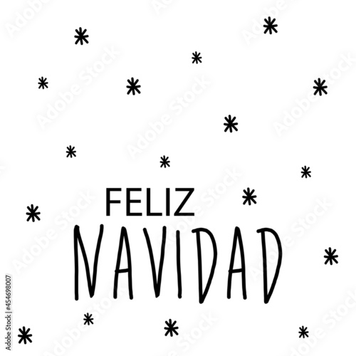 Banner con frase Feliz Navidad en español manuscrito con copos de nieve en color negro