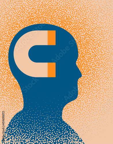 Illustration about personal magnetism or personal attraction with the silhouette of a person and a magnet in their head. Vector illustration