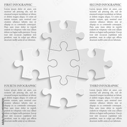 Four sided 3d puzzle presentation. Abstract puzzle infographic template with explanatory text field for business statistics. Vector four pieces puzzles illustration