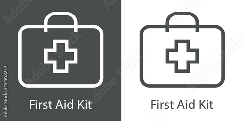 Logo con texto First Aid Kit con silueta de maletín con cruz con lineas en fondo gris y fondo blanco