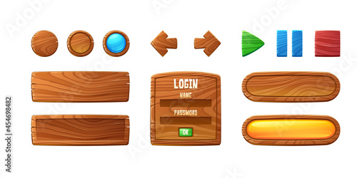 Wooden buttons for user interface design in game, video player or website. Vector cartoon set of brown wood ui elements, check box, stop, play and pause buttons and login frame