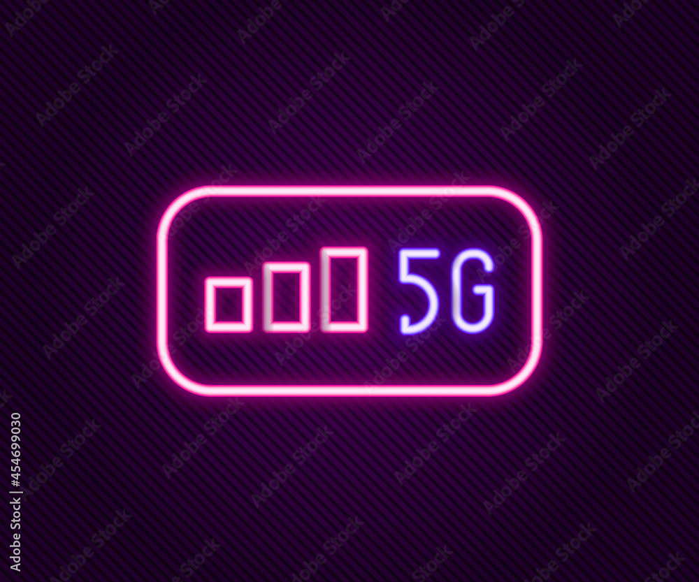 Glowing neon line 5G new wireless internet wifi connection icon isolated on black background. Global network high speed connection data rate technology. Colorful outline concept. Vector Glowing neon line 5G new wireless internet wifi connection icon isolated on black background. Global network high speed connection data rate technology. Colorful outline concept. Vector