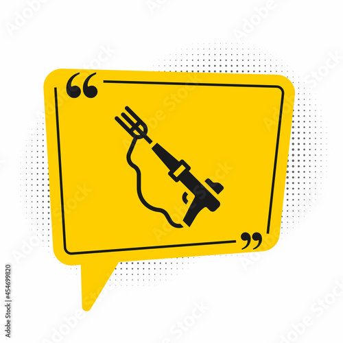 Black Fishing harpoon icon isolated on white background. Fishery manufacturers for catching fish under water. Diving underwater equipment. Yellow speech bubble symbol. Vector