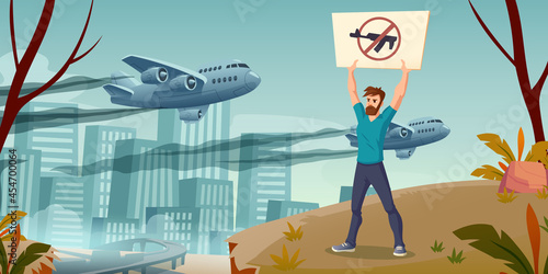 Save the world concept, man with crossed gun banner stand alone on cityscape background with military airplanes flying in dull sky, riot against war, demonstration, protest Cartoon vector illustration