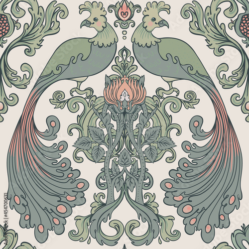 Floral vintage seamless pattern wit birds for retro wallpapers. Enchanted Vin...