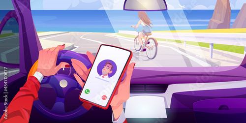 Driver hands holding mobile phone in car while steering automobile along highway with girl riding on bicycle front of vehicle windshield. Danger on road, accident concept, Cartoon vector illustration