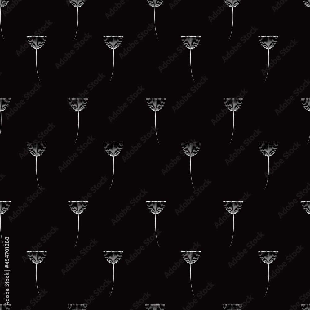 Seamless vector pattern. Light airy flowers on a black isolated background. Dandelion twigs. Seamless vector pattern. Light airy flowers on a black isolated background. Dandelion twigs.