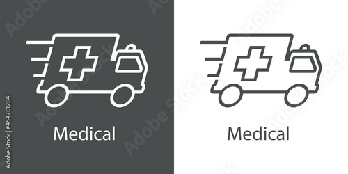Primeros auxilios. Logo con texto Medical con silueta de ambulancia con lineas de velocidad en fondo gris y fondo blanco