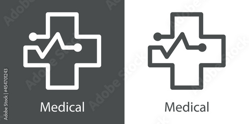 Logo con texto Medical con silueta de cruz con ritmo cardiaco con lineas en fondo gris y fondo blanco