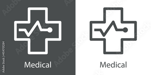Logo con texto Medical con silueta de cruz con ritmo cardiaco con lineas en fondo gris y fondo blanco