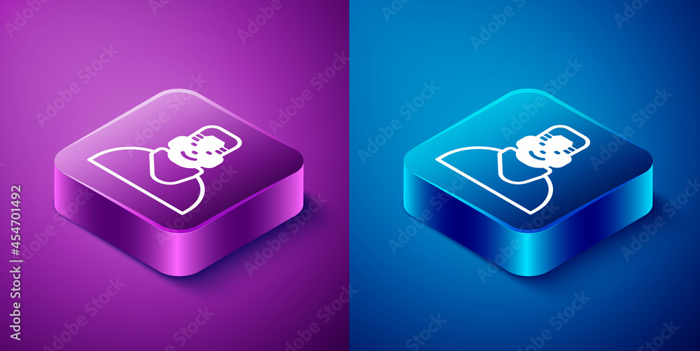 Isometric Client in barbershop icon isolated on blue and purple background. Square button. Vector Isometric Client in barbershop icon isolated on blue and purple background. Square button. Vector