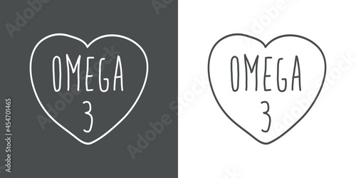 Logotipo con texto manuscrito Omega 3 escrito a mano en silueta de corazón con lineas en fondo gris y fondo blanco