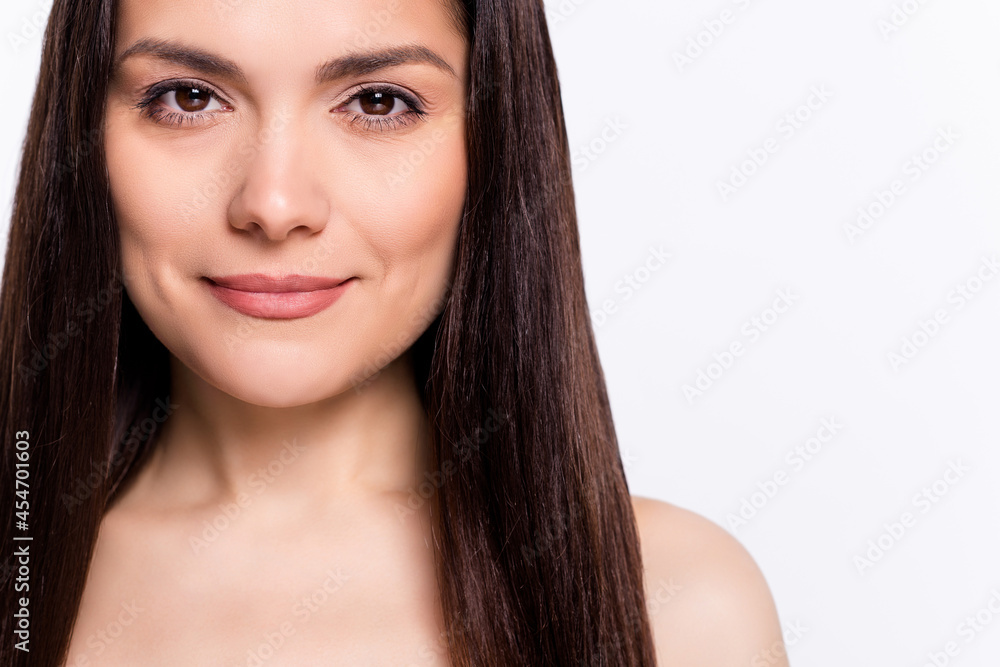 Cropped view portrait of attractive woman perfect skin pore enhancement copy space isolated over white color background Cropped view portrait of attractive woman perfect skin pore enhancement copy space isolated over white color background