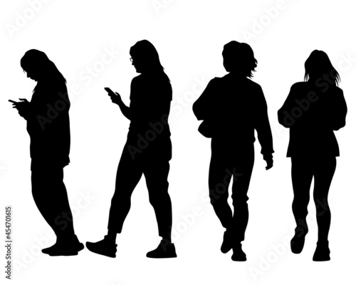 Big crowds people on street. Isolated silhouette on a white background