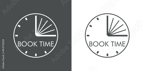 Logotipo con texto Book Time con manecillas con forma de libro abierto en silueta de esfera reloj simpke con lineas en fondo gris y fondo blanco