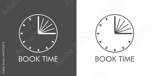 Logotipo con texto Book Time con manecillas con forma de libro abierto en silueta de esfera reloj simpke con lineas en fondo gris y fondo blanco