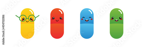 Set, collection of cute colorful cartoon style food supplements, pills, medications characters for medicine and healthcare design.
