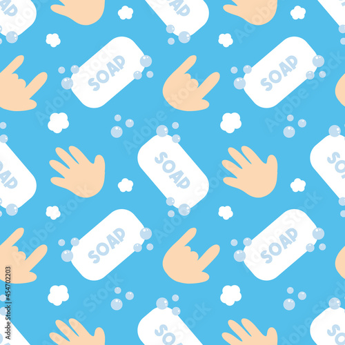Vector seamless pattern background with hands, soap bars, bubbles for hand washing and proper hygiene design.
