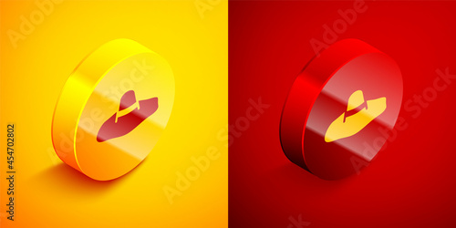 Isometric Elegant women hat icon isolated on orange and red background. Circle button. Vector