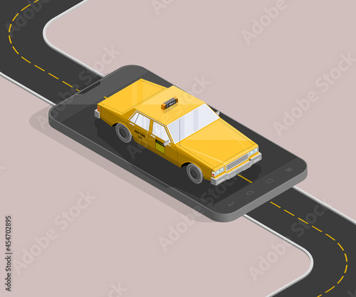 Yellow isometric taxi cab banner. Online mobile application order taxi service illustration. Flat car isometric quality banner. 3D taxi vehicle smartphone. Get a taxi online phone isometry application