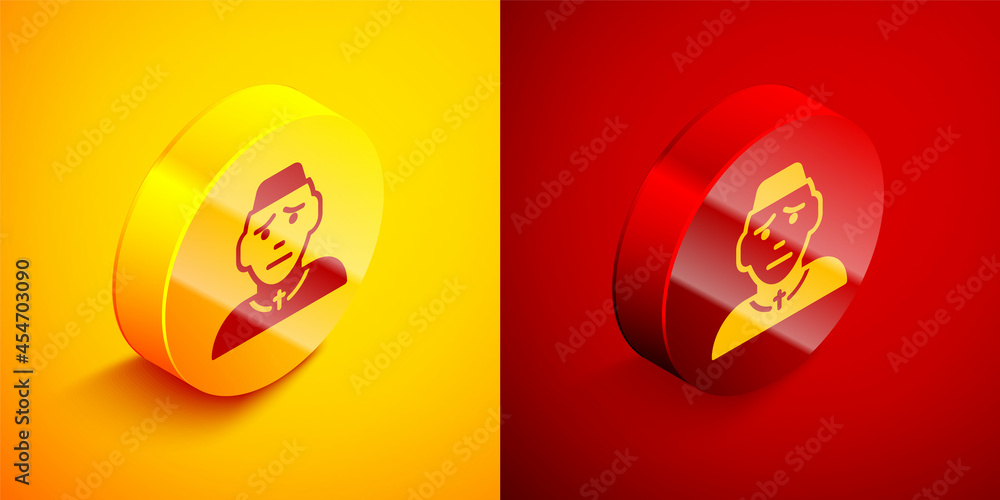 Isometric Priest icon isolated on orange and red background. Circle button. Vector Isometric Priest icon isolated on orange and red background. Circle button. Vector