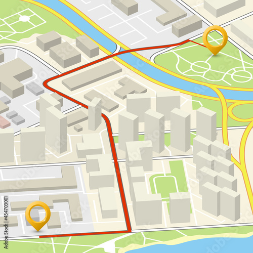 Isometric city map navigation, point markers background, 3d flat isometry drawing schema, 3D simple city plan GPS navigation, final destination arrow paper city map. Route delivery check point graphic