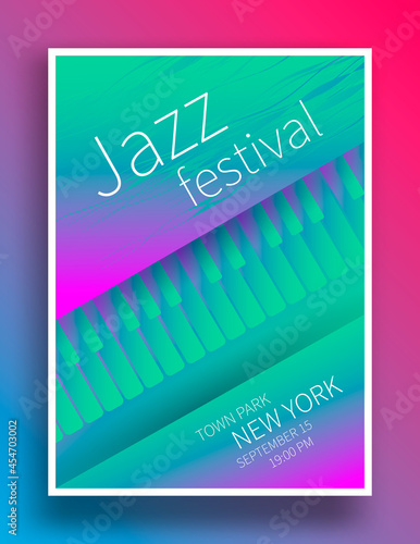 Jazz music festival poster design. Piano keys. Vector illustration flyer for lounge jazz concert.