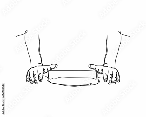Continuous one line drawing of baker kneading or making dough with rolling pin and bakery in silhouette on a white background. Linear stylized.