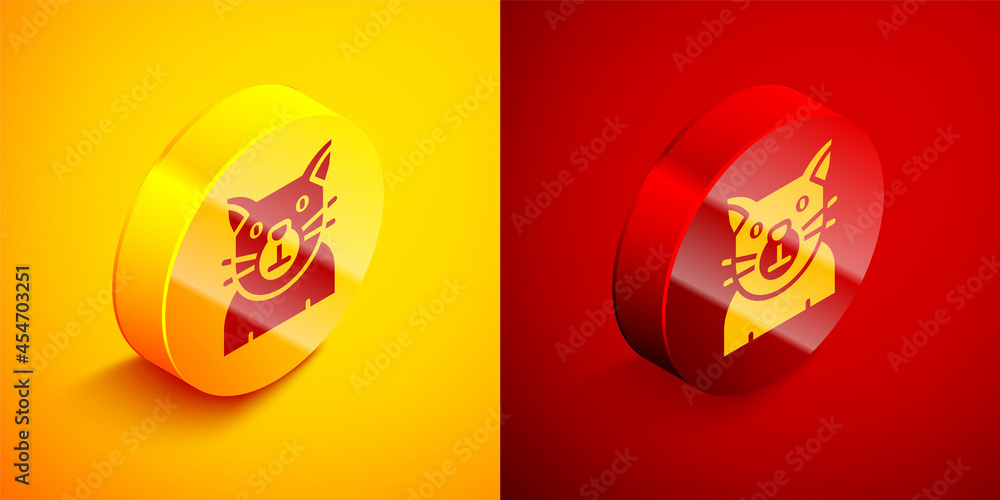 Isometric Cat icon isolated on orange and red background. Animal symbol. Happy Halloween party. Circle button. Vector Isometric Cat icon isolated on orange and red background. Animal symbol. Happy Halloween party. Circle button. Vector