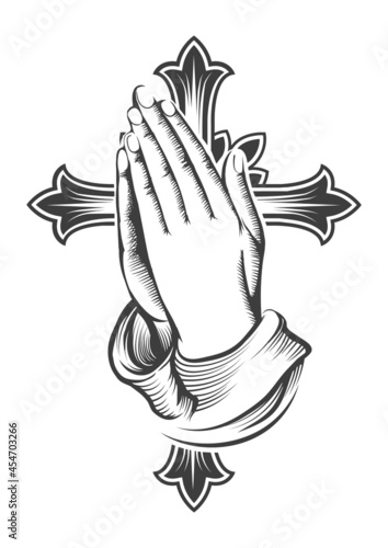 Praying Hands and Cross Engraving Tattoo