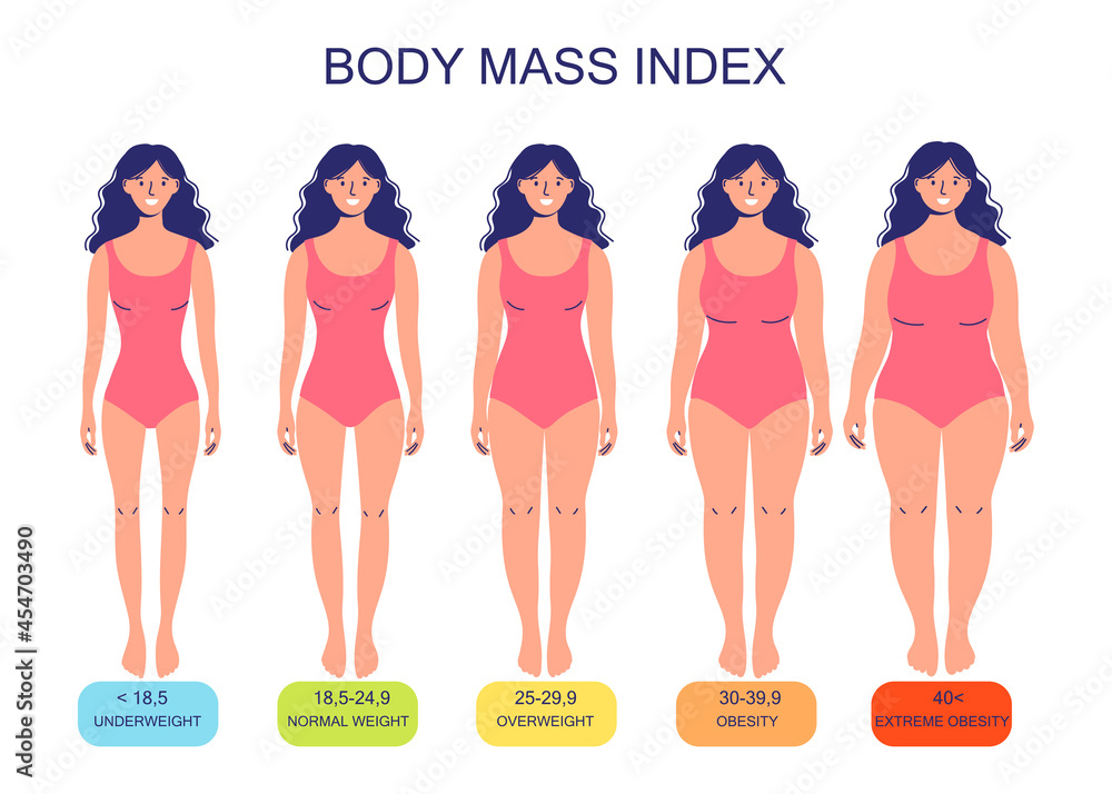 Body mass index from underweight to extremely obese. Silhouettes of women  with varying degrees of obesity. Female body with different weights. Stock  Vector