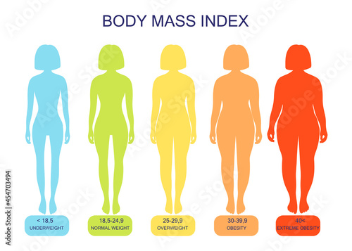 Body mass index from underweight to extremely obese. Silhouettes of women with varying degrees of obesity. Female body with different weights.