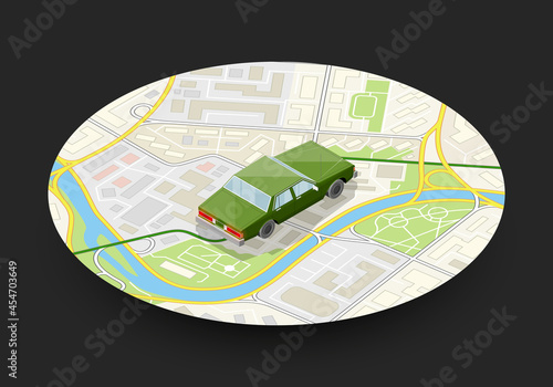 Isometric car sharing banner. Auto transportation, route circle map, Fast automobile logistic 3d transport, flat isometry city auto car, infographic vehicle. Low poly style car vehicle model