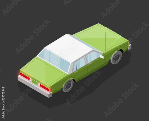 Isometric car sharing banner. Auto transportation route map, Fast automobile logistic 3d transport, application isometry city old auto car infographic classic vehicle. Low poly style car vehicle model