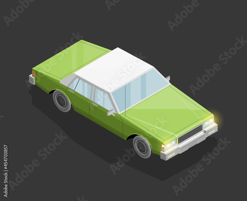 Isometric car sharing banner. Auto transportation route map, Fast automobile logistic 3d transport, application isometry city old auto car infographic classic vehicle. Low poly style car vehicle model