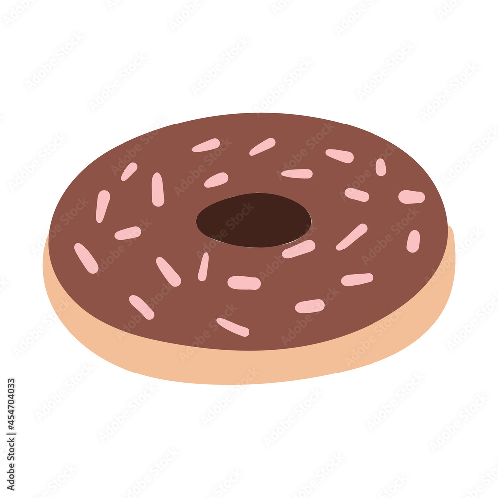 Donut with chocolate icing and colored sprinkles, hand drawn cartoon illustration vector Donut with chocolate icing and colored sprinkles, hand drawn cartoon illustration vector