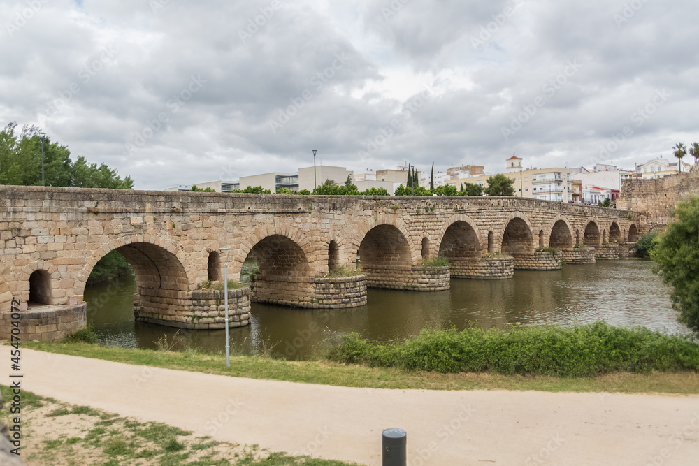 View of Historical landmark at the Roman bridge of Mérida, a bridge has built by Roman Empire, over the Guadiana River at Mérida in southwest Spain