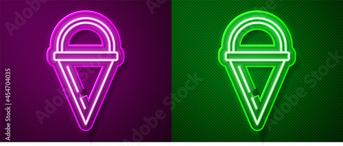 Glowing neon line Fire cone bucket icon isolated on purple and green background. Metal cone bucket empty or with water for fire fighting. Vector