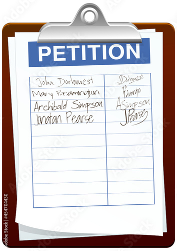 Clipboard with a petition page with a list of signatures 