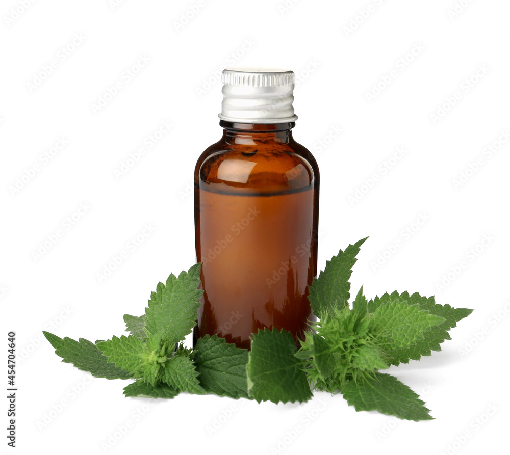 Glass bottle of nettle oil with leaves isolated on white Glass bottle of nettle oil with leaves isolated on white
