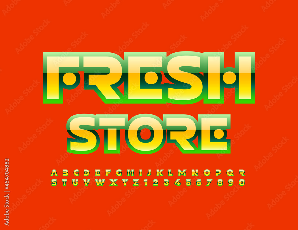 Vector colorful Sign Fresh Store. Trendy Glossy Font. Bright Creative Alphabet Letters and Numbers set